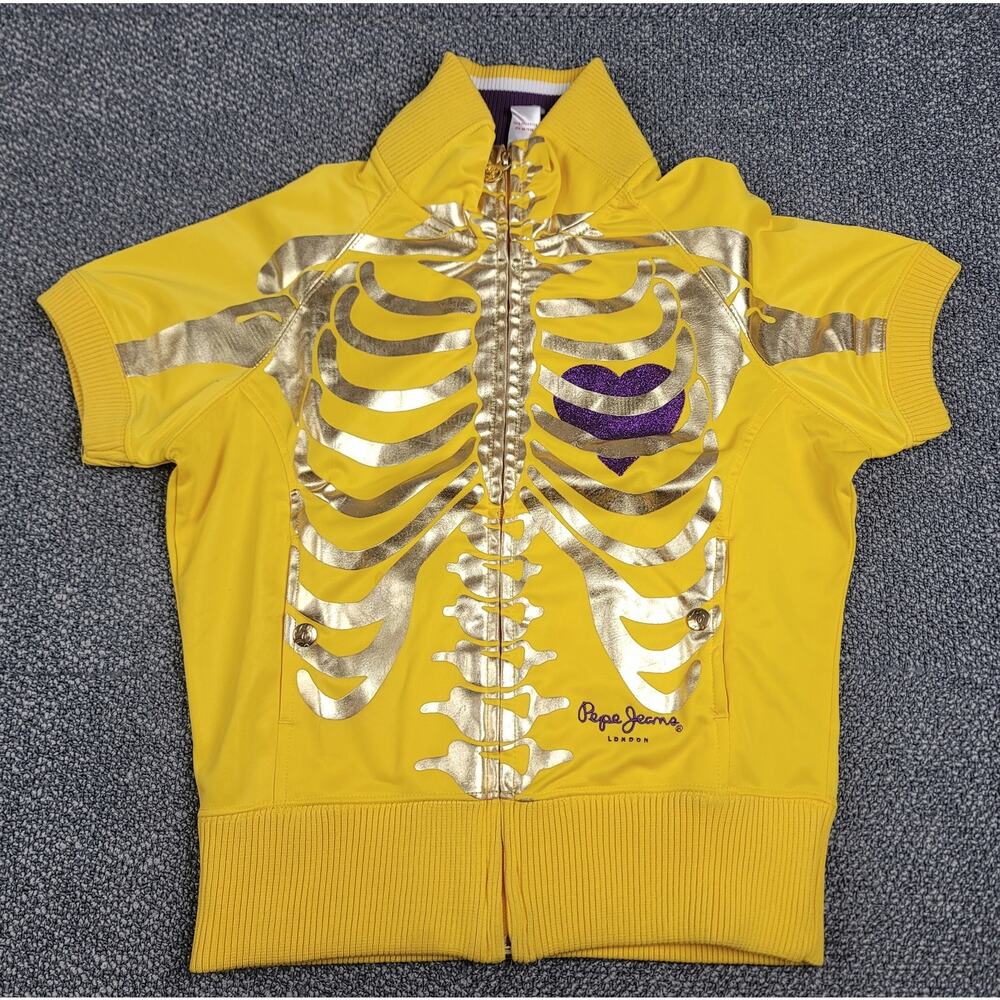 Pepe Jeans London Women's Small Full Zip Skeleton Yellow Short Sleeve Rare